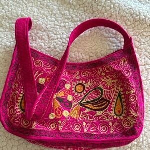 Embroidered Pink Shoulder Bag with Gold Accents